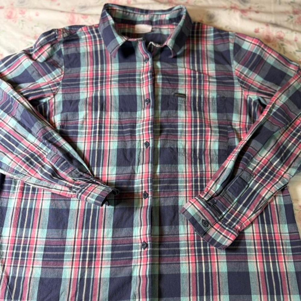 Columbia Men's XXL Plaid Button-Down Long Sleeve Shirt Blue Pink Casual‎ Outdoor